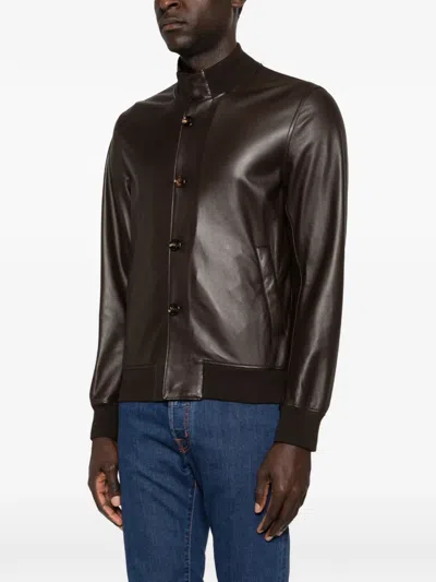 Kiton Buttoned Leather Jacket In Brown