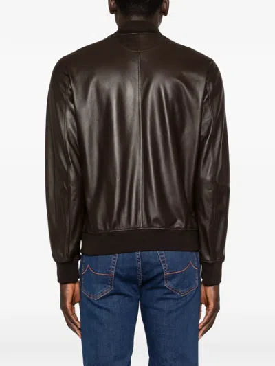 Kiton Buttoned Leather Jacket In Brown