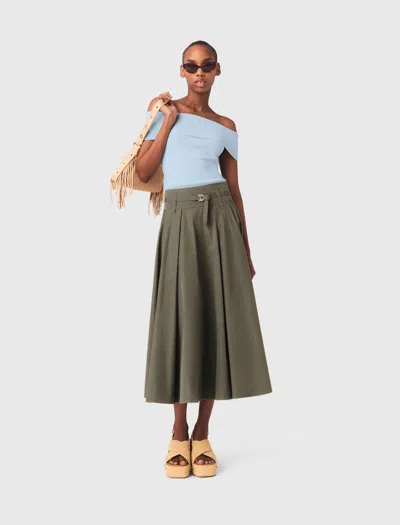 Maje Womens Khaki Pleated Belted-waist Cotton-blend Maxi Skirt In Green