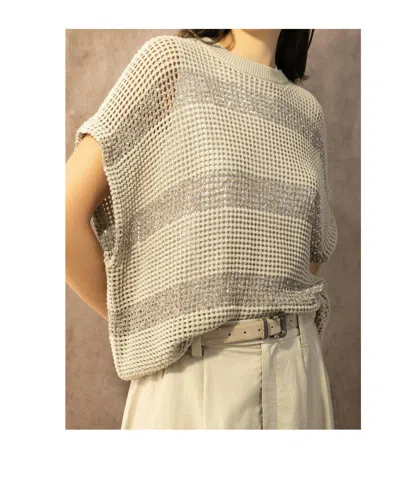 Brunello Cucinelli Openwork Knit Crewneck Top With Micro Sequins In Neutral