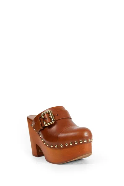 Chloé Jeanette Brown Wedge Clog In Leather And Wool Woman In Brown