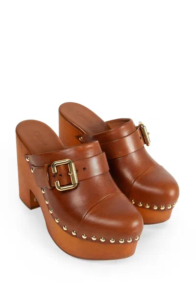 Chloé Jeanette Brown Wedge Clog In Leather And Wool Woman In Brown