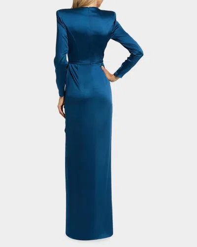 Mac Duggal Long Sleeve Structured Bow Draped Column Gown In Blue