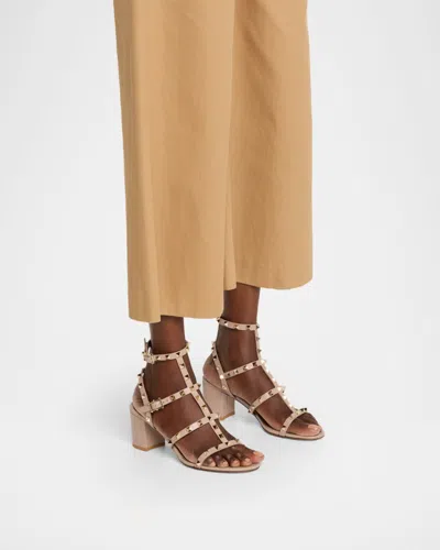 Valentino Rockstud Caged 60 Leather Ankle Strap Sandal In Neutral