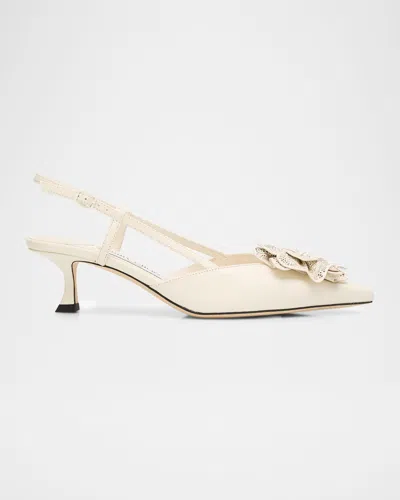 Jimmy Choo Latte Shiny Nappa Leather Slingbacks With Lace Corsage In Multi