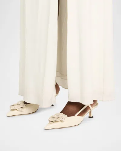 Jimmy Choo Latte Shiny Nappa Leather Slingbacks With Lace Corsage In Multi