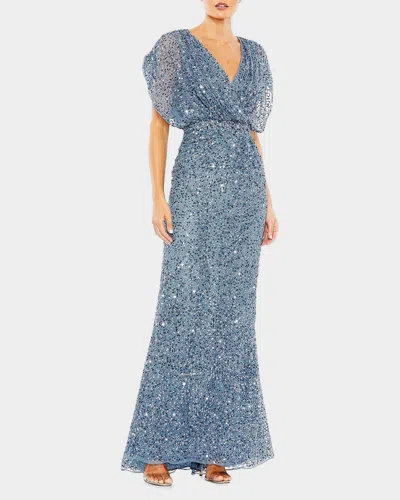 Mac Duggal Draped Sleeves Ruched Waist Detail V Neck Gown In Slate Blue