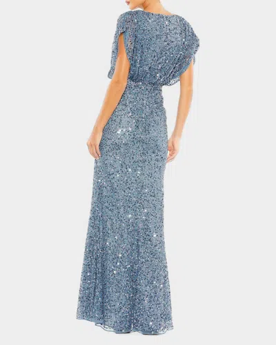 Mac Duggal Draped Sleeves Ruched Waist Detail V Neck Gown In Slate Blue