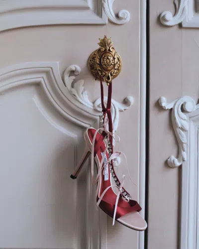 Jimmy Choo Lula Red Heeled Sandals With Crystal Straps And Shaped Bows In Satin Woman In Pink