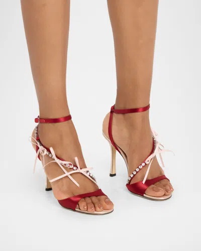 Jimmy Choo Lula Red Heeled Sandals With Crystal Straps And Shaped Bows In Satin Woman In Pink