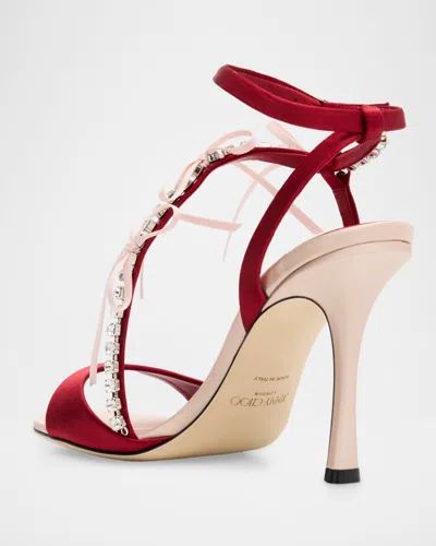 Jimmy Choo Lula Red Heeled Sandals With Crystal Straps And Shaped Bows In Satin Woman In Pink