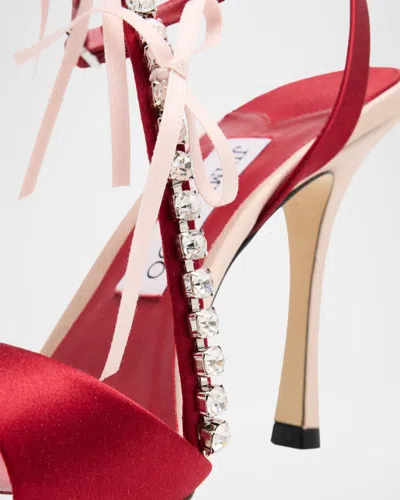 Jimmy Choo Lula Red Heeled Sandals With Crystal Straps And Shaped Bows In Satin Woman In Pink
