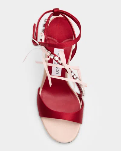 Jimmy Choo Lula Red Heeled Sandals With Crystal Straps And Shaped Bows In Satin Woman In Pink