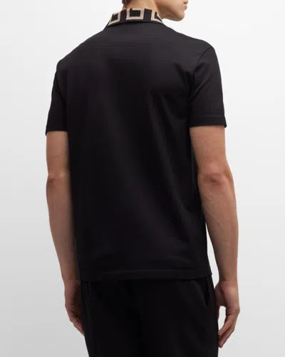 Versace Geometric Patterned Black Polo Shirt With Classic Placket