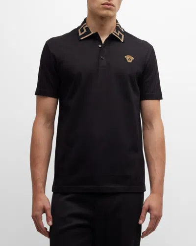 Versace Geometric Patterned Black Polo Shirt With Classic Placket