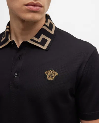 Versace Geometric Patterned Black Polo Shirt With Classic Placket