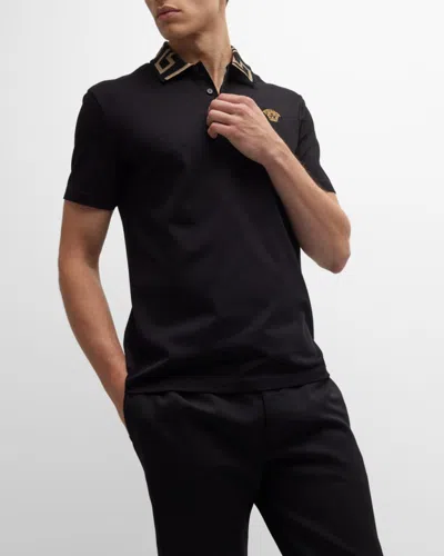 Versace Geometric Patterned Black Polo Shirt With Classic Placket