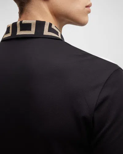 Versace Geometric Patterned Black Polo Shirt With Classic Placket