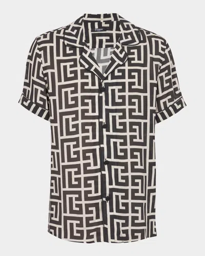 Balmain Monogram Printed Short-sleeved Shirt In Black
