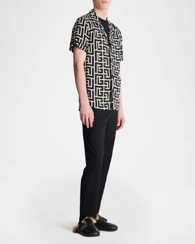 Balmain Monogram Printed Short-sleeved Shirt In Black