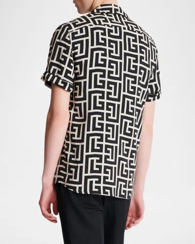 Balmain Monogram Printed Short-sleeved Shirt In Black