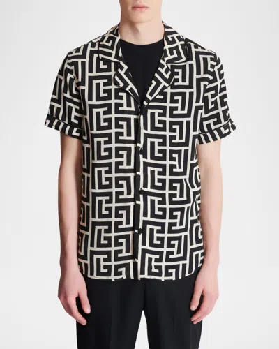 Balmain Monogram Printed Short-sleeved Shirt In Black