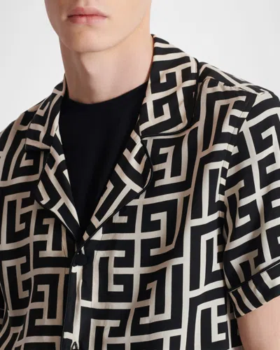 Balmain Monogram Printed Short-sleeved Shirt In Black