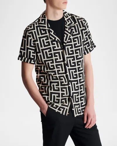 Balmain Monogram Printed Short-sleeved Shirt In Black