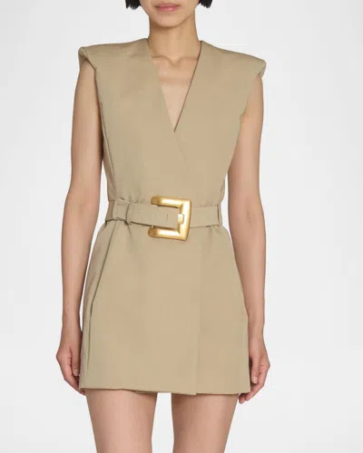 Balmain Wrap Cotton Gabardine Dress Belt Detail In Neutral