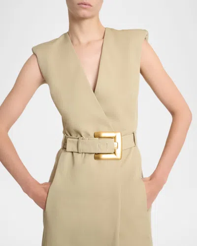 Balmain Wrap Cotton Gabardine Dress Belt Detail In Neutral