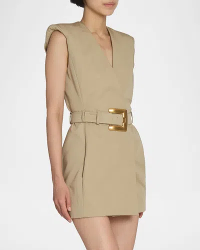 Balmain Wrap Cotton Gabardine Dress Belt Detail In Neutral