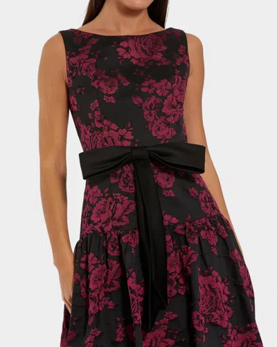 Mac Duggal Brocade Sleeveless Midi Dress With Satin Bow In Brown