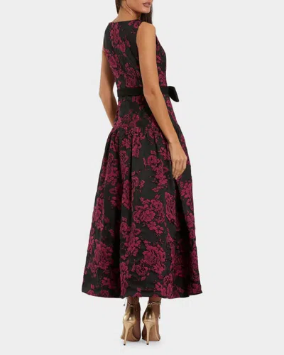 Mac Duggal Brocade Sleeveless Midi Dress With Satin Bow In Brown