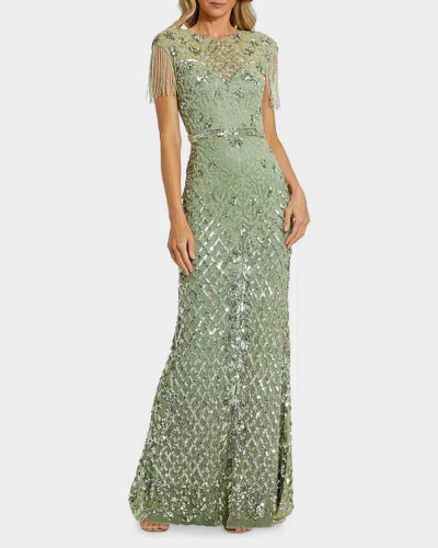 Mac Duggal High Neck Sleeveless Beaded Fringe Fitted Gown In Sage