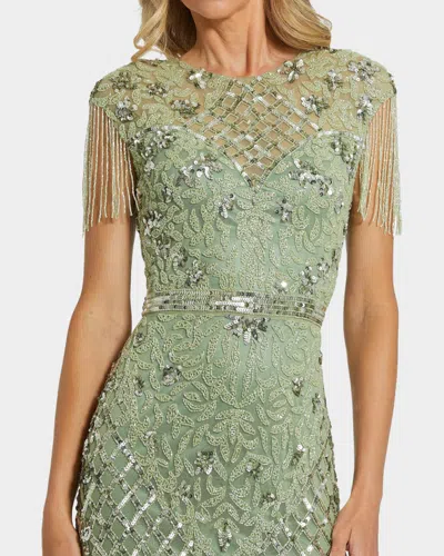 Mac Duggal High Neck Sleeveless Beaded Fringe Fitted Gown In Sage