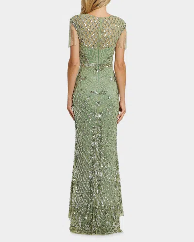 Mac Duggal High Neck Sleeveless Beaded Fringe Fitted Gown In Sage
