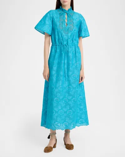 Valentino Eyelet Embroidered Cotton Drawstring Midi Dress In Blue