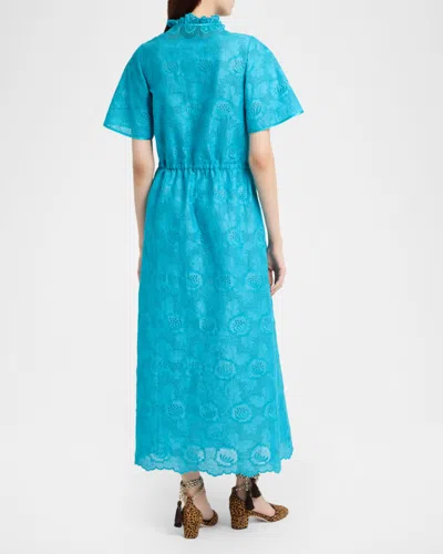 Valentino Eyelet Embroidered Cotton Drawstring Midi Dress In Blue