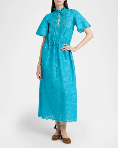 Valentino Eyelet Embroidered Cotton Drawstring Midi Dress In Blue