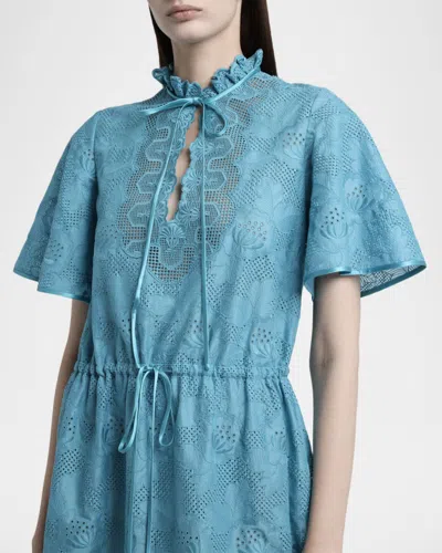 Valentino Eyelet Embroidered Cotton Drawstring Midi Dress In Blue