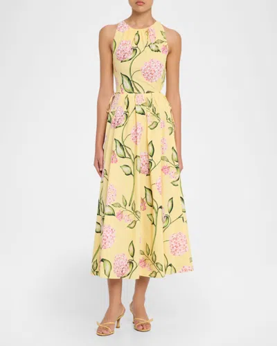 Oscar De La Renta Sleeveless Porcelain Flower Waist-tie Midi Dress In Yellow