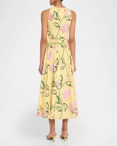 Oscar De La Renta Sleeveless Porcelain Flower Waist-tie Midi Dress In Yellow