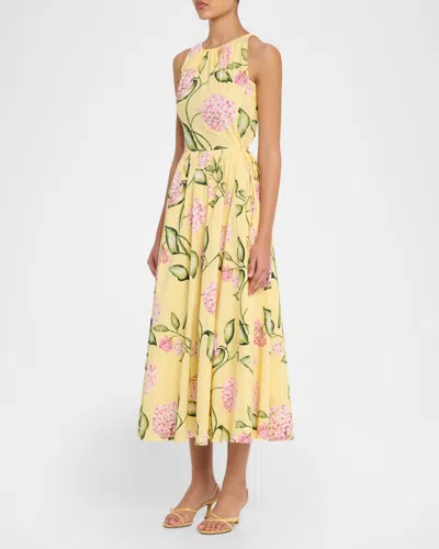 Oscar De La Renta Sleeveless Porcelain Flower Waist-tie Midi Dress In Yellow