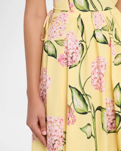 Oscar De La Renta Sleeveless Porcelain Flower Waist-tie Midi Dress In Yellow