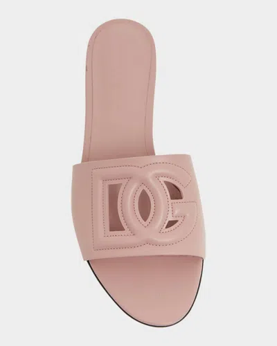 Dolce & Gabbana Women Pink Slide Sandals With Cut Out Logo In Leather Woman