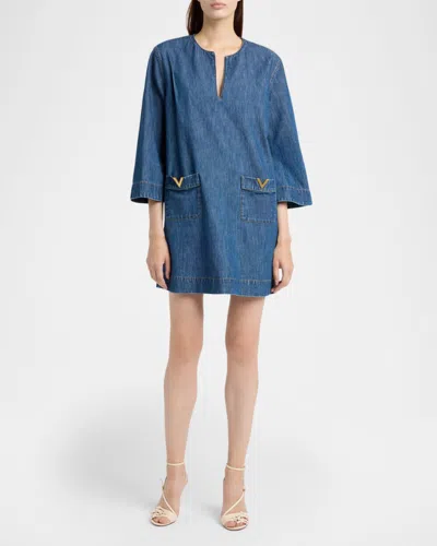 Valentino Vlogo Signature Denim Dress Three Quarter Sleeves In Blue
