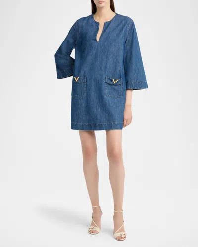 Valentino Vlogo Signature Denim Dress Three Quarter Sleeves In Blue
