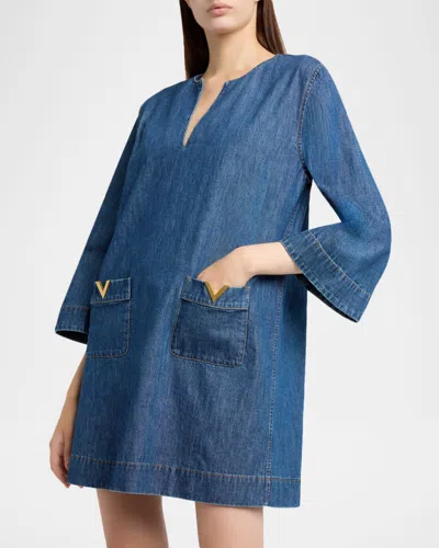 Valentino Vlogo Signature Denim Dress Three Quarter Sleeves In Blue