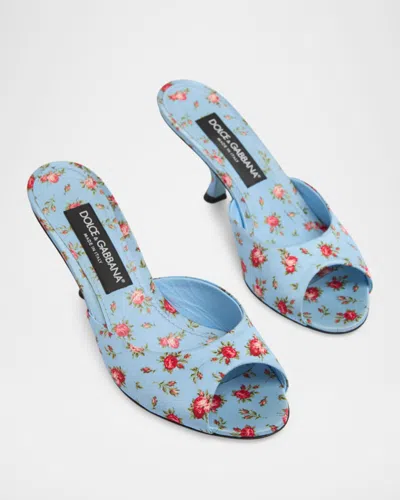Dolce & Gabbana Keira Satin Mules With Little Roses Print In Blue