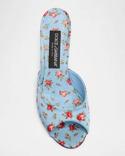 Dolce & Gabbana Keira Satin Mules With Little Roses Print In Blue